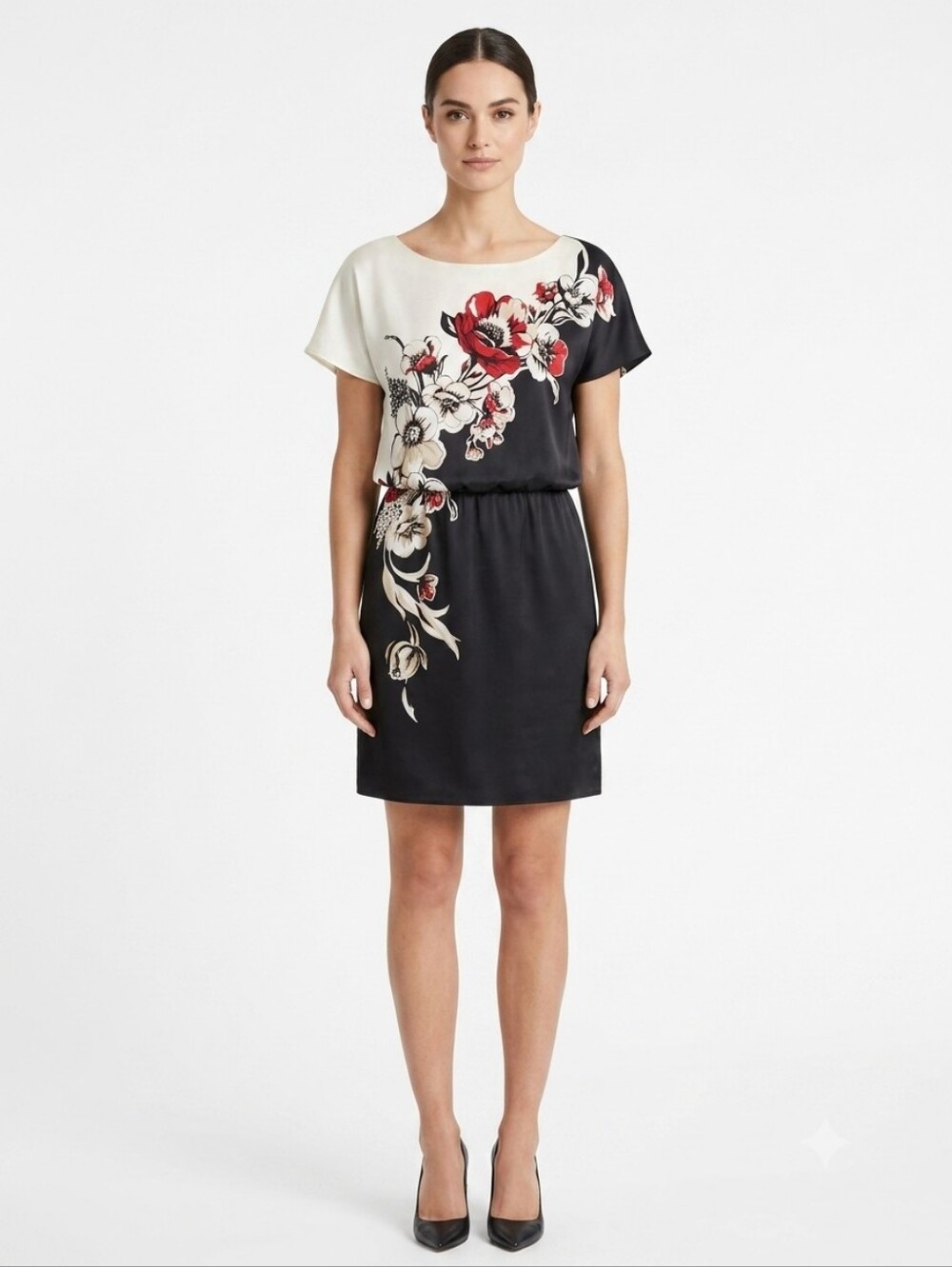 White House Black Market Silk Floral Short Sleeve Mini Dress Size XS Black...